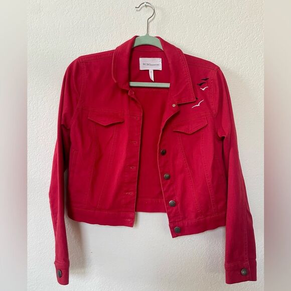 Short Cropped Denim Trucker Jean Jacket, Red, Birds, size XXS - Picture 5 of 12